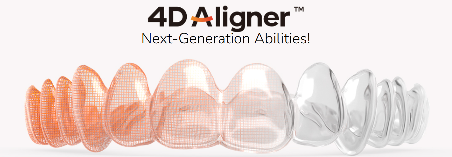 4D Aligner rendering from the Soleir introduction document, transitioning from digital mesh to clear appliance